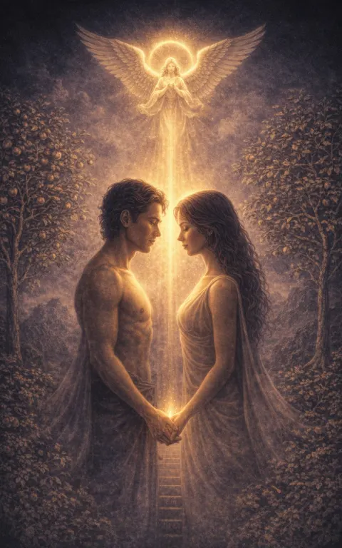 The Lovers tarot card illustration featuring two mirrored figures or forms, angelic halo, tree of knowledge in a tender, fated, honest, emotionally bright ceremonial composition.