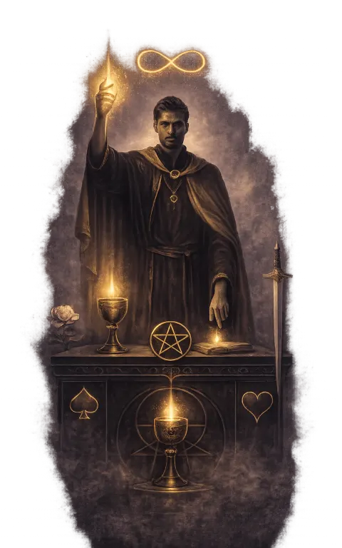 The Magician tarot card illustration featuring one raised hand and one grounded hand, wand, cup in a charged, intelligent, precise, electric without chaos ceremonial composition.