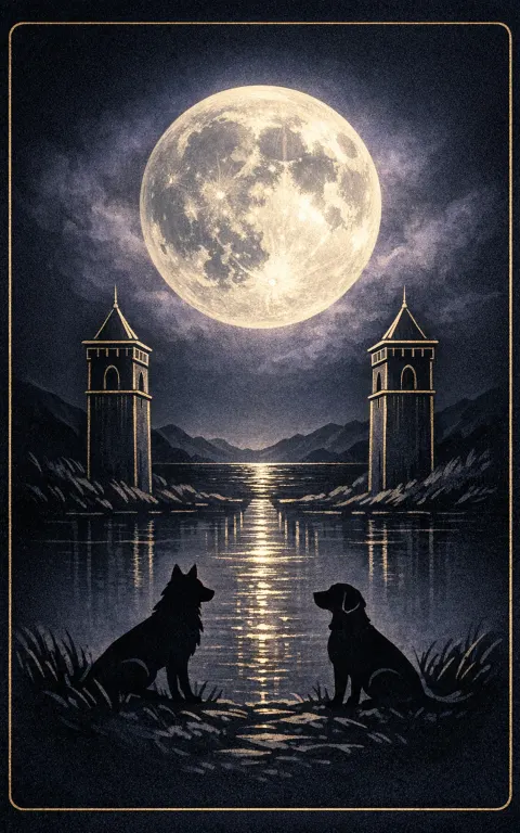 The Moon tarot card illustration featuring crescent and full moon glow, path between towers, dog and wolf in a dreamlike, eerie, humid, uncertain ceremonial composition.