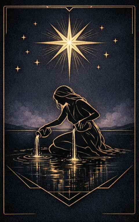 The Star tarot card illustration featuring large guiding star, seven smaller stars, pouring vessels in a open, healing, quiet, clean ceremonial composition.