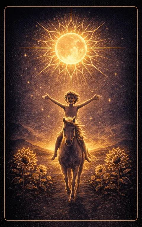 The Sun tarot card illustration featuring sun disk, sunflowers, white horse in a bright, clean, confident, life-giving ceremonial composition.
