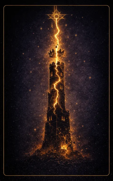 The Tower tarot card illustration featuring struck tower, lightning, falling crown in a violent, awakening, unstable, undeniable ceremonial composition.