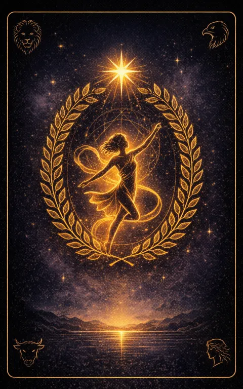 The World tarot card illustration featuring laurel wreath, central dancer or sacred form, four guardians in a fulfilled, balanced, celebratory, complete ceremonial composition.