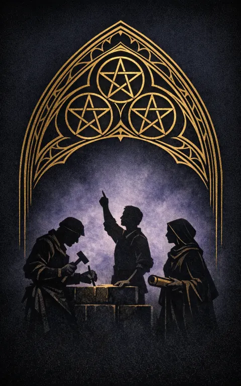 Three of Pentacles tarot card illustration featuring cathedral arch, three pentacles, artisan tools in a craftsmanship, teamwork, apprenticeship ceremonial composition.