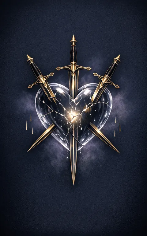 Three of Swords tarot card illustration featuring heart pierced by three swords, rain clouds in a heartbreak, rupture, painful truth ceremonial composition.