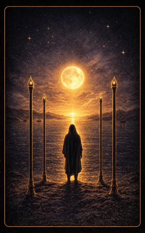 Three of Wands tarot card illustration featuring three upright wands, ships or sails, shoreline in a expansion, waiting for return, ships launched ceremonial composition.