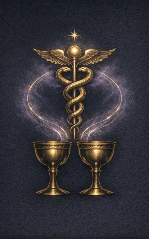 Two of Cups tarot card illustration featuring paired cups, caduceus motif, lion-wing crest in a mutuality, attraction, mirrored exchange ceremonial composition.