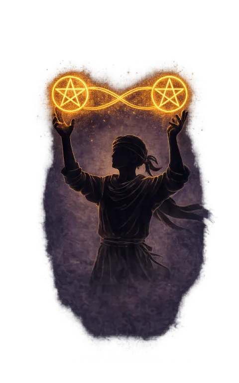 Two of Pentacles tarot card illustration featuring figure juggling two pentacles, infinity ribbon, ships in waves in a balance in motion, juggling, adaptability ceremonial composition.