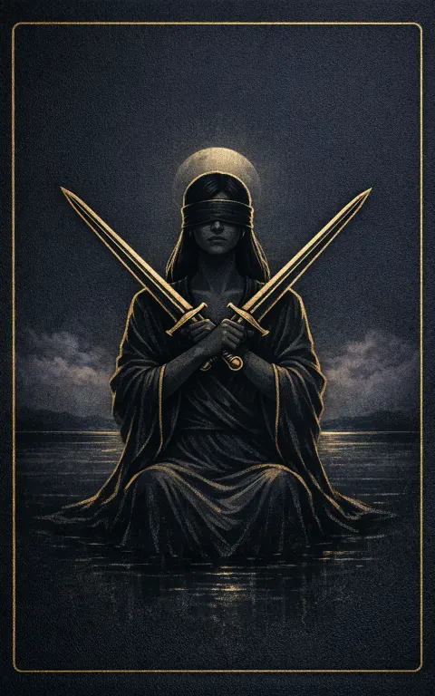 Two of Swords tarot card illustration featuring blindfolded seated figure, crossed swords, moonlit water in a stalemate, refusal to decide, guarded balance ceremonial composition.