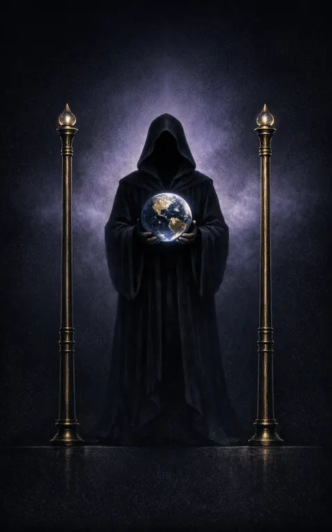 Two of Wands tarot card illustration featuring figure or hands holding a globe, paired wands, distant horizon in a vision, planning, the held world ceremonial composition.
