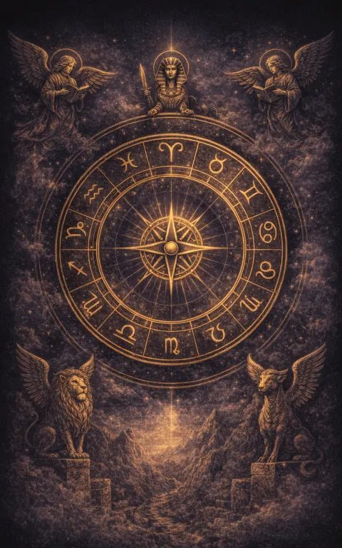 Wheel of Fortune tarot card illustration featuring ritual wheel, zodiac ring, winged guardian figures in a mythic, rotating, suspended, cosmic ceremonial composition.